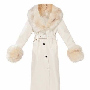 Pretty Little Thing Cream Faux Fur Collar And Trim Faux Leather Belted Trench!